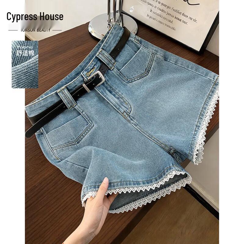 Sibaishe Women s Lace Trim Washed Denim Shorts L