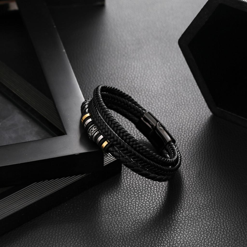 European and American Leather Hand-Woven Bracelet Leather Woven Multilayer Men'S Retro Stainless Steel Bracelet