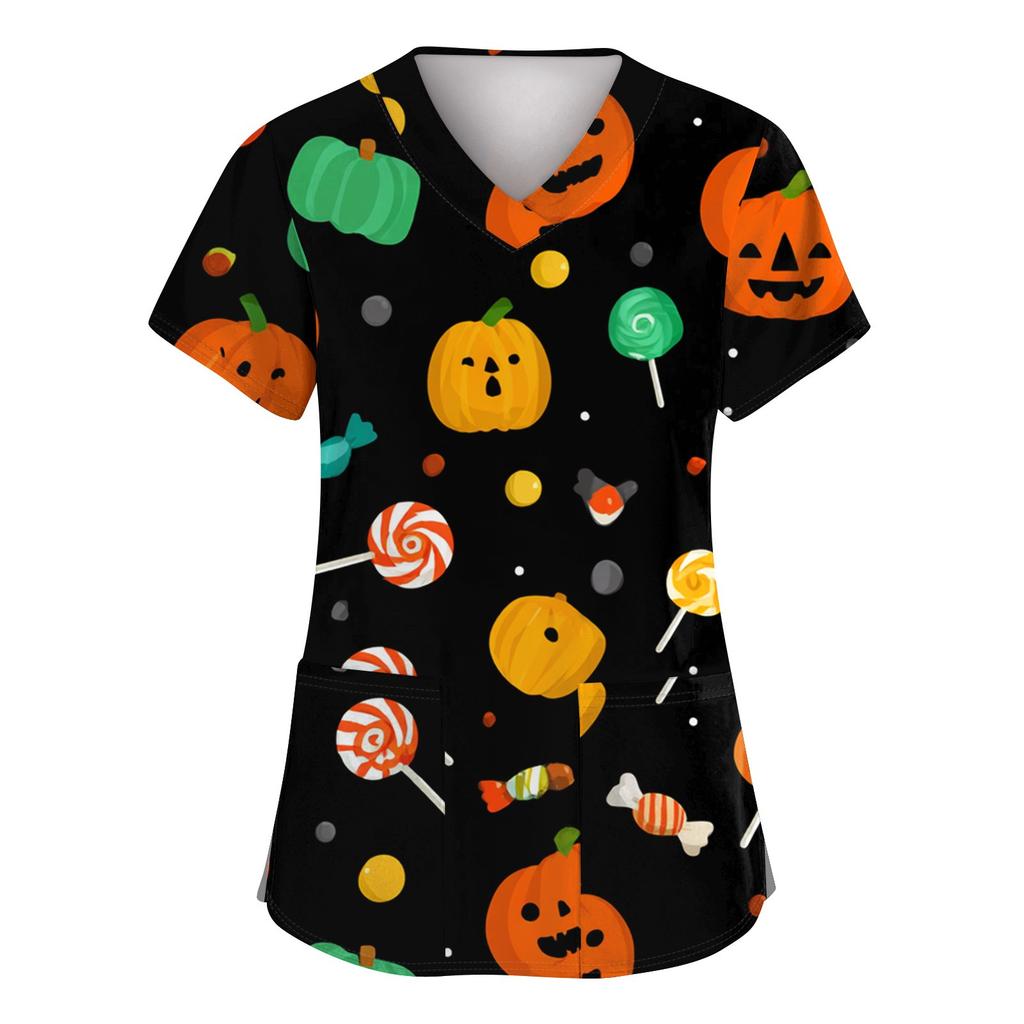 Dámská móda Krátký rukáv Halloweenský potisk Výstřih do V Kapsa Pracovní topy