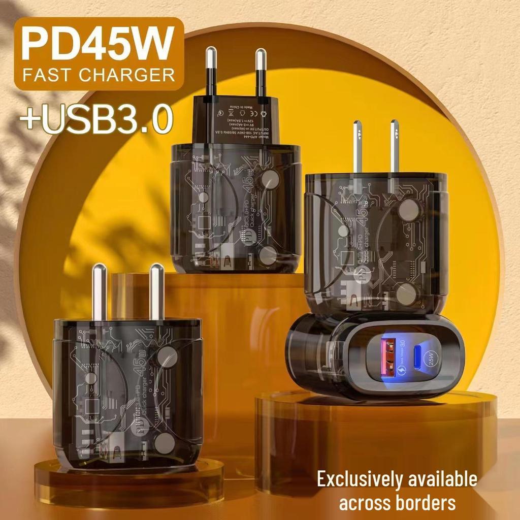 Black Transparent PD45W Fast Charger for Apple/Huawei with A+C Dual Ports