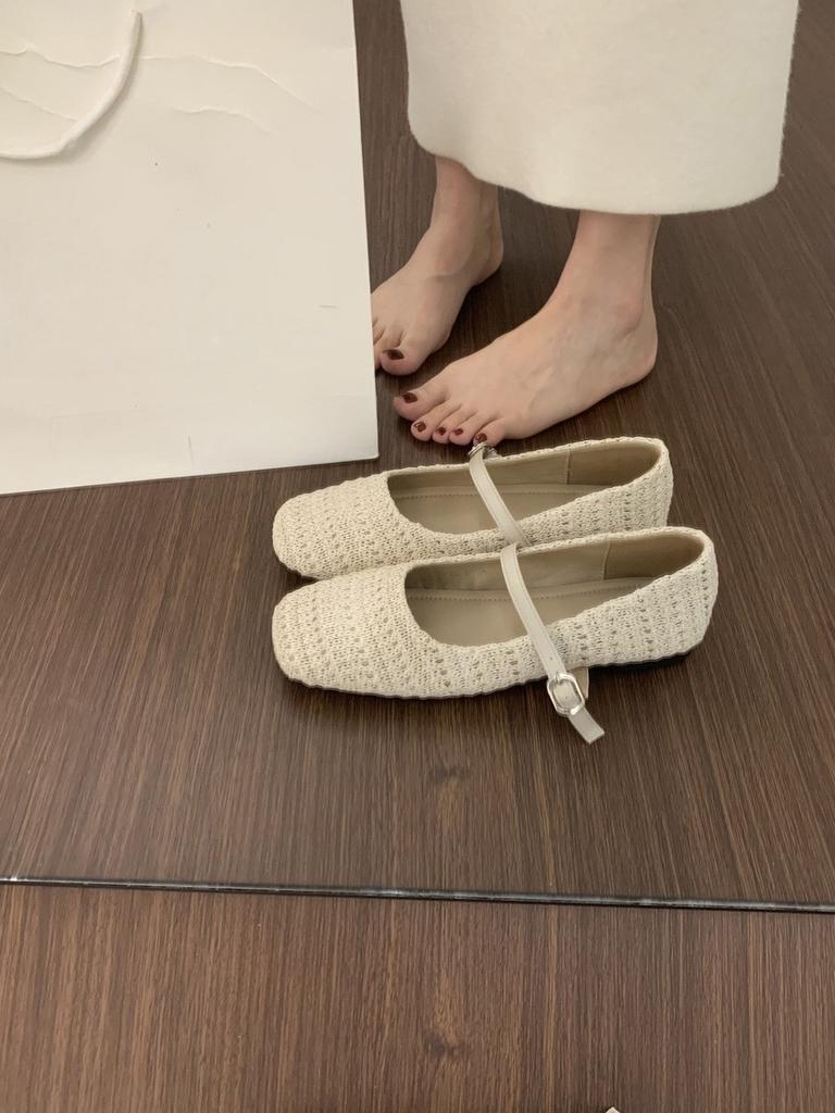 Late Evening Wind Woven Square Head Flat-soled Single Shoes Women's Shoes 2025 New Retro One-word Buckle Mary Jane Ballet Shoes