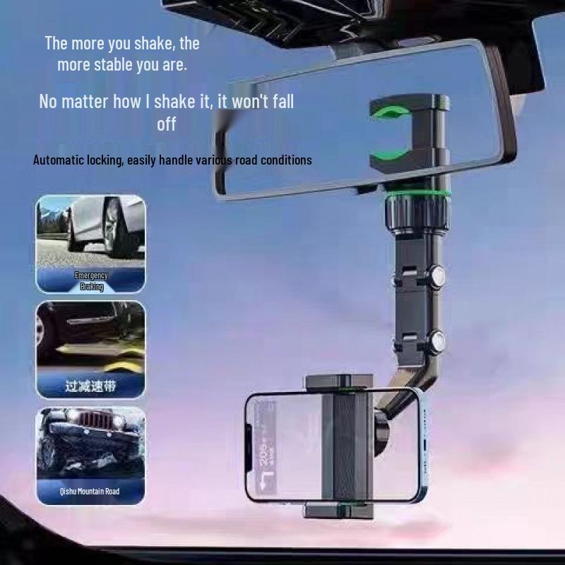 Car Rearview Mirror Phone Holder with 360° Rotation and One-Click Lock