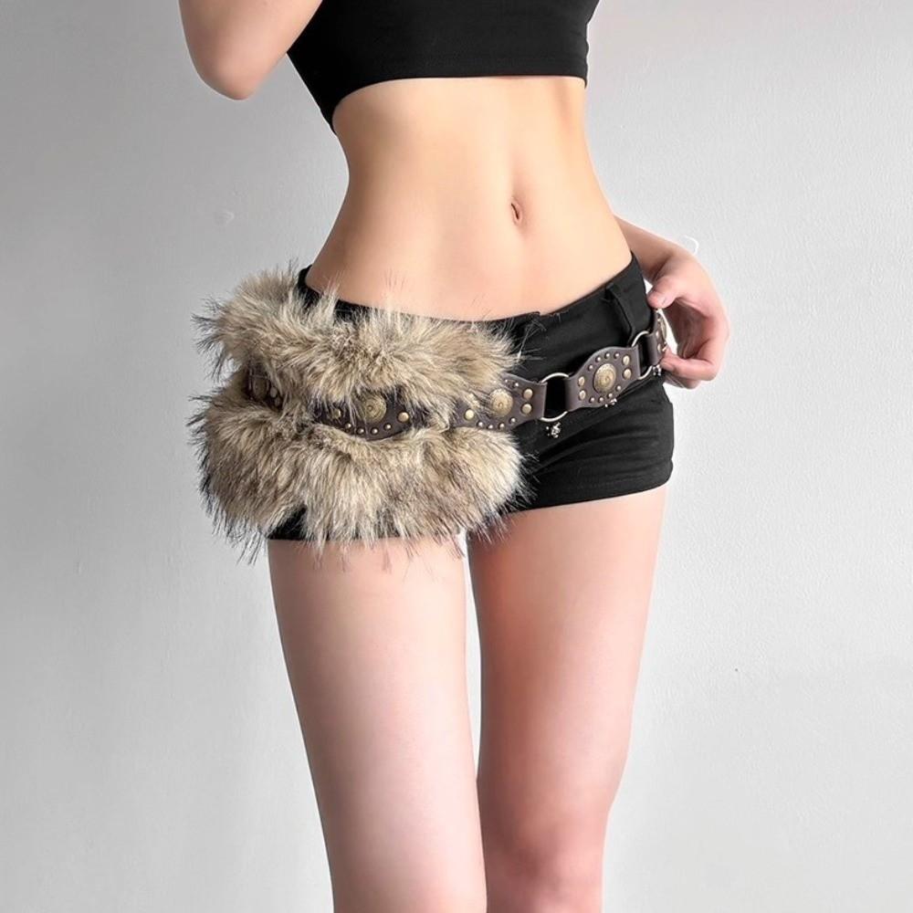 Faux Fur Waist Chain Punk Fur Waistband New PU Leather Fur Belt  Hiphop