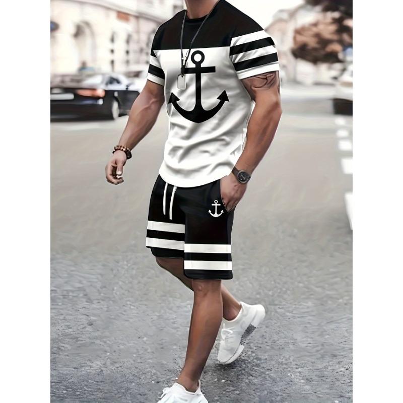 Men s color block pattern printed casual round neck short-sleeved T-shirt and drawstring shorts two-piece summer outdoor activity wear S