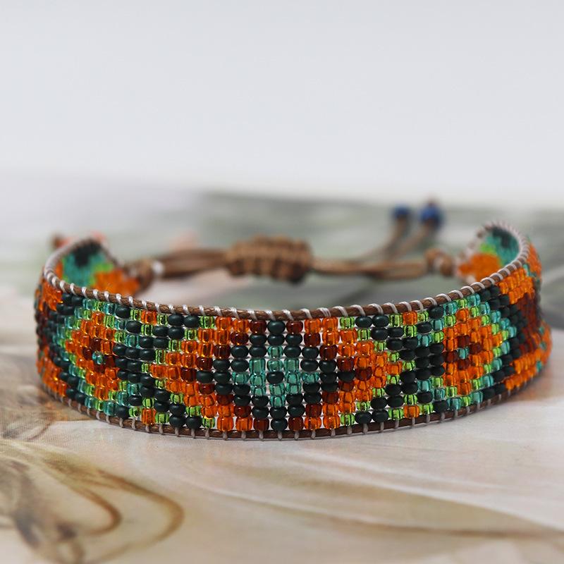 Bohemian Style Geometric Gradient Beaded Bracelet with Colorful Rice Beads