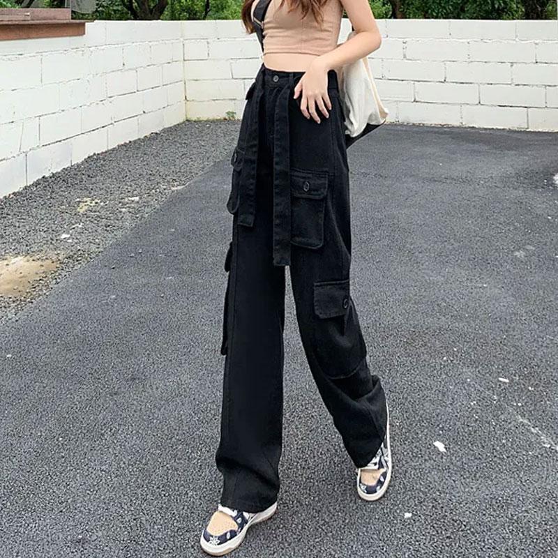 Fashion Multi-Pocket Casual Cargo Pants Female Clothing Wide Leg Spring Autumn Safari Style High Waist Drawstring Basic Trousers