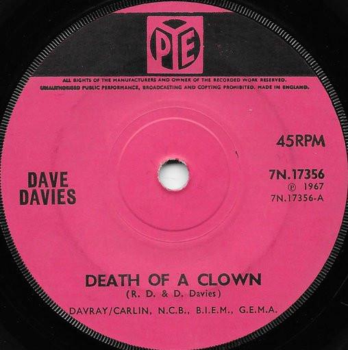 

7inch Record DAVE DAVIES - Death Of A Clown 7N17356 Pye Records 1967 UK Rock Used