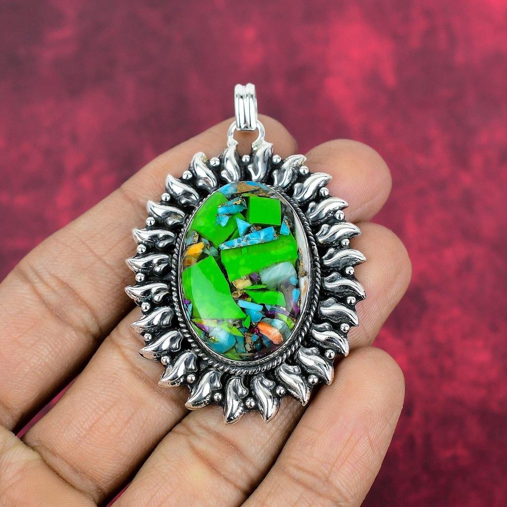 Fiesta Kingman Turkos Hänge, 925 Massivt Sterlingsilver Ädelstenssmycke, Handgjort Hänge, För Bröllopspresent