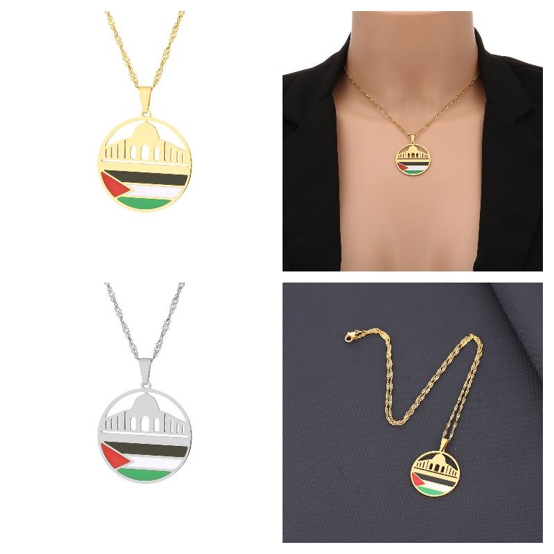 Ethnic Style Aksha Mosque And Palestine Pendant Necklace For Men And Women Stainless Steel Jewelry