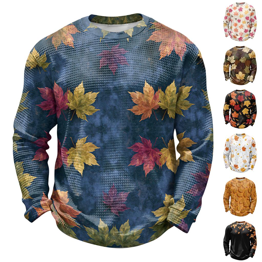 Men's Casual Knit Long Sleeve Neck T-Shirt with Fall Leaf Print