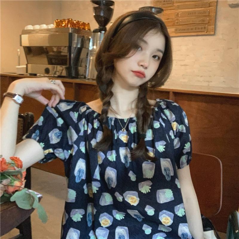 Chiffon floral top age-reducing girl short-sleeved Korean version summer one-word shoulder top bubble sleeve new foreign French style