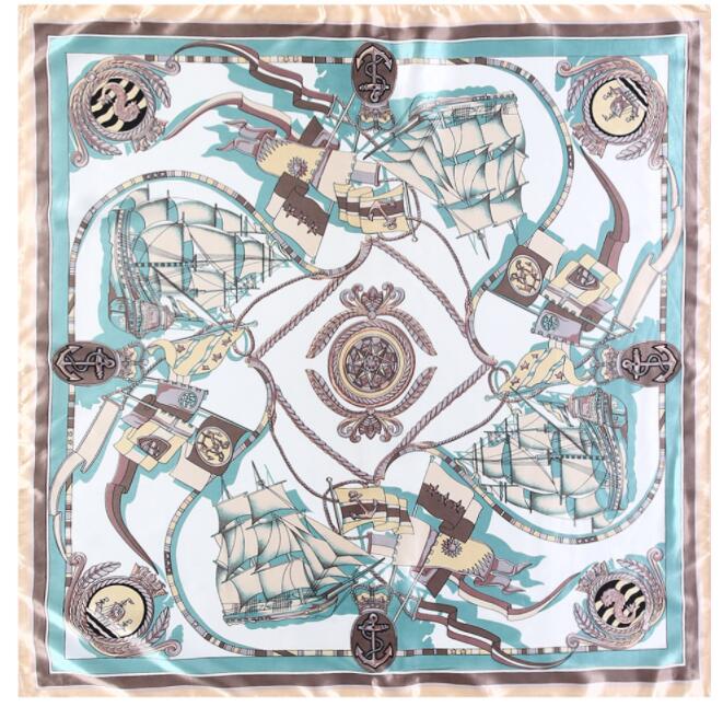 90*90cm Luxury Brand Women Silk Scarf Hand Drawing Sailing Boat Design Square Scarves Spring Summer Shawls For Ladies
