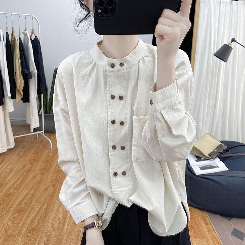 Cotton Shirt for Women Double Breasted Small Stand Collar Long Sleeved Shirt Commuting Top Shirt for Women