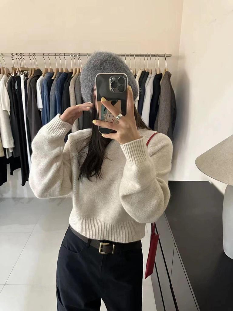Women's 100% Pure Wool Loose Knit Sweater - New Lazy Style, Thick Round Neck, High Waist, Short Design