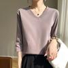 Women's Summer V-neck Seven-quarter Sleeve Solid Color Loose T-shirt Beautiful Commuter Tops
