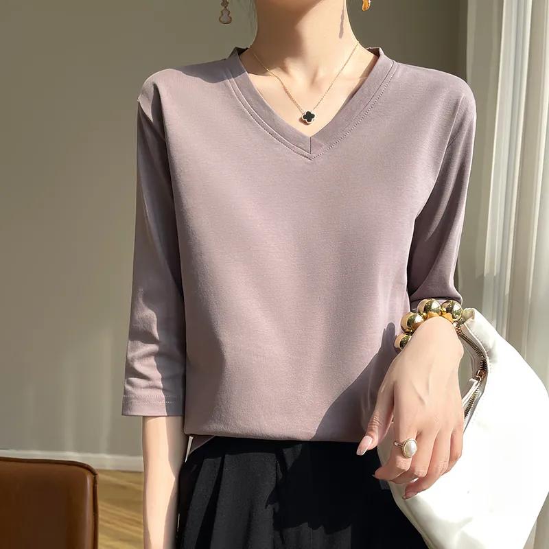 Women's Summer V-neck Seven-quarter Sleeve Solid Color Loose T-shirt Beautiful Commuter Tops