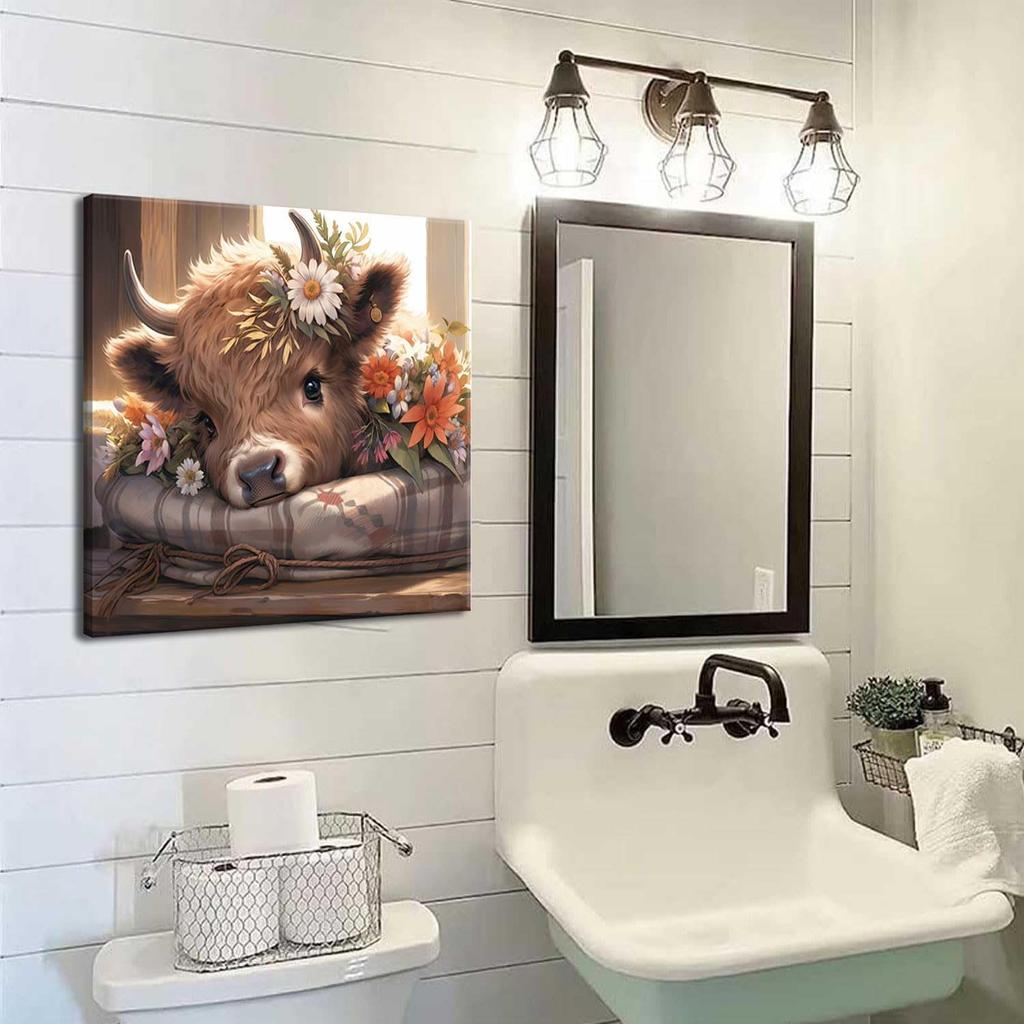 VeeFeng Cute Highland Cow Baby Canvas Wall Art Rustic Farmhouse Daisy Print Wall Decor Picture Amiable Baby Calf Poster Home Decoration Aesthetics