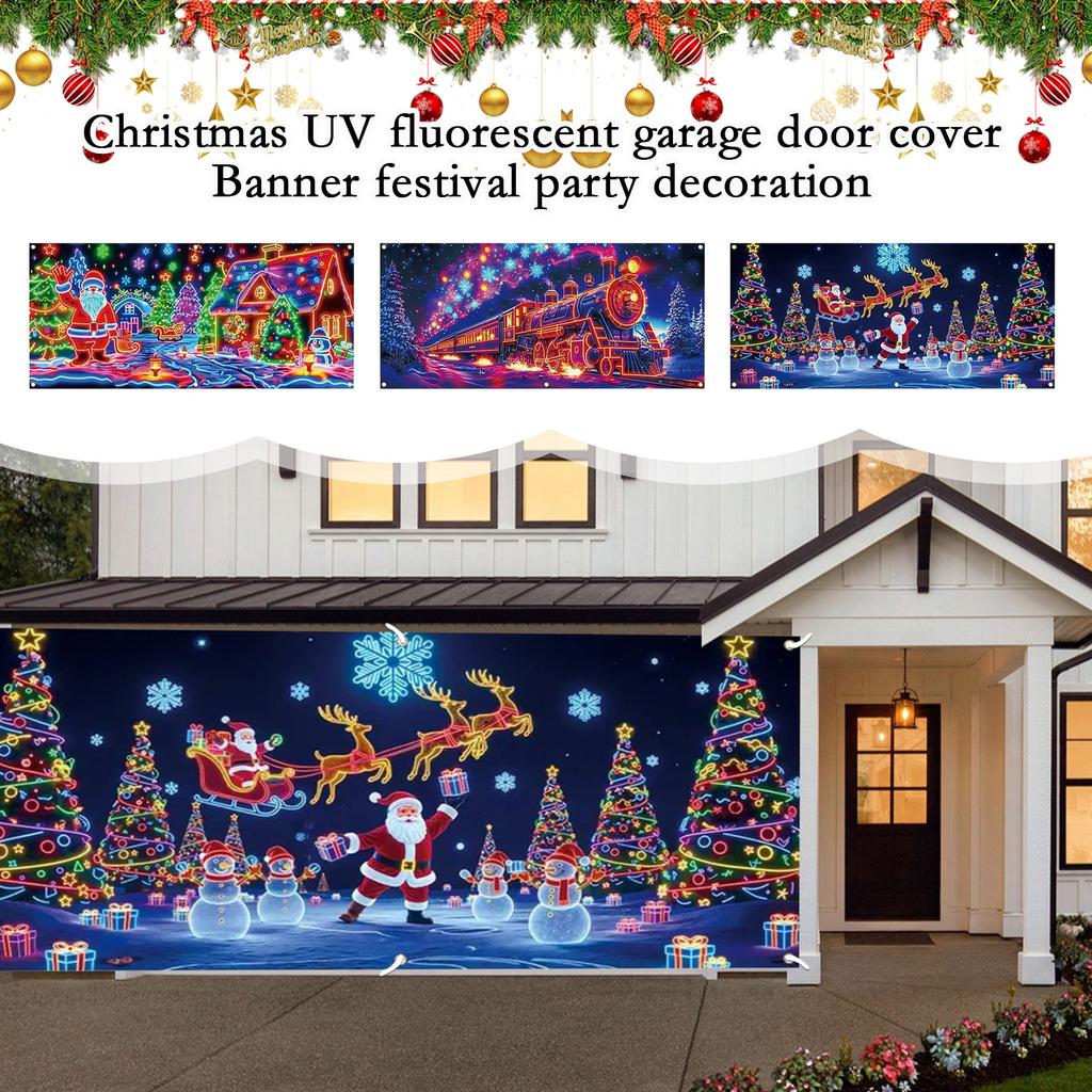 Christmas UV Fluorescent Garage Door Cover Banner - Background For Holiday Parties, Christmas Decoration Hanging Cloth
