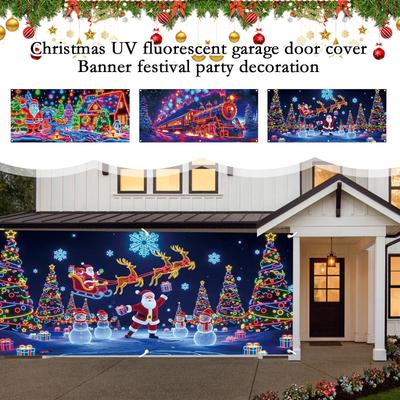 Banner Cubierta de Puerta de Garaje Fluorescente UV de Navidad - Fondo Para Fiestas Navideñas, Tela Colgante de Decoración Navideña