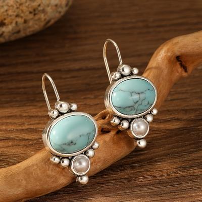 Handgefertigter Vintage-Stil, geeignet als Urlaubsschmuck, Gedenkgeschenk für Damen, 1 Paar für Freunde, türkisfarbene Ohrringe mit Perlen, baumelnder Tropfen, elegant