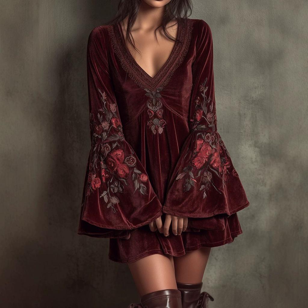 New Boho Velvet Mini Dress Women's Embroidered Flare Sleeve Wine Red Bohemian Party Dress
