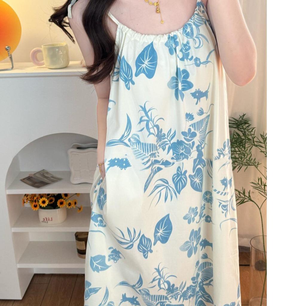 Women's Breathable Stretchy Cotton Sleep Dress - Summer Camisole Pajamas, Round Neck Casual Homewear
