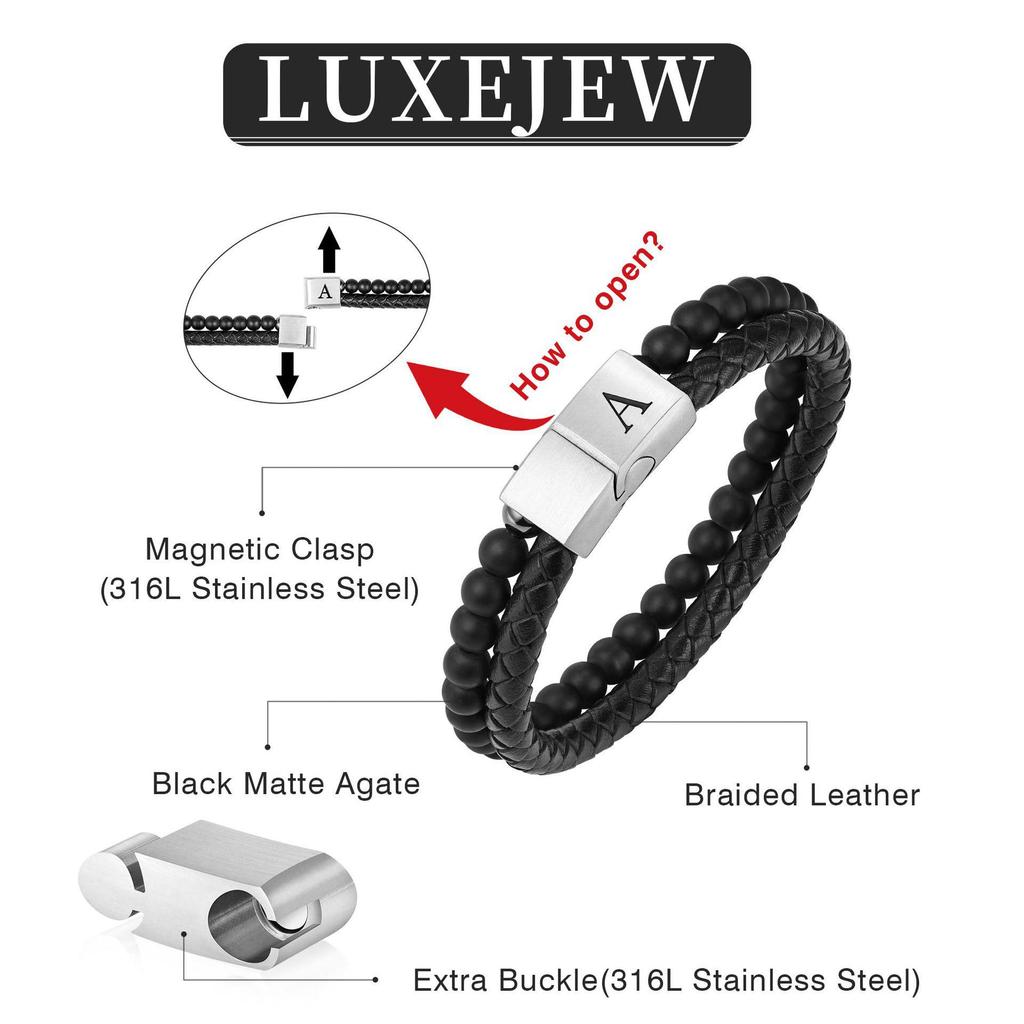 Men's Black Matte Double Layer Leather Bracelet with 26 Letter Engraved Stainless Steel Magnetic Clasp, 6mm