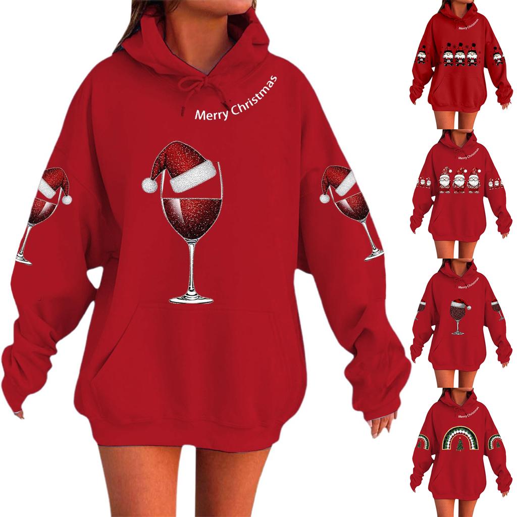 Women's Fashionable Casual Long-Sleeved Christmas Holiday Party Printed Hooded Sweatshirt