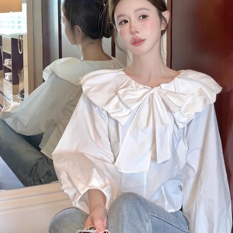

Women s Ruffled Shirts Spring Loose Solid Bow Tie Tied Ladies Long Sleeved Blouse French Style Casual Famale Long Sleeved Top XL білий