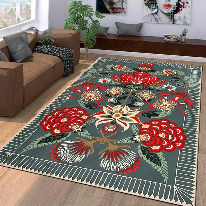 Floral Pattern Carpet with Red Blossoms and Green Leaves for Home Decor Suitable for use as an anti-slip for living room bedroom sofas