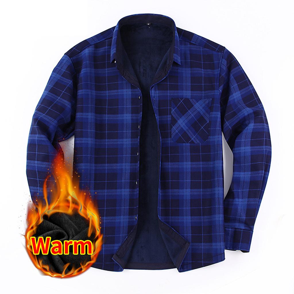 Men's Warm Casual Flannel Shirt, Long Sleeve, Lined, Large Size, Turn-Down Collar for Fall