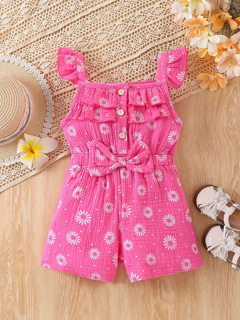 Summer Girls' One-piece Pants, Small and Fresh Frilled Short Pants, One-piece Dress for Little Kids, Casual and Refreshing Daisy Pants for Young Girls