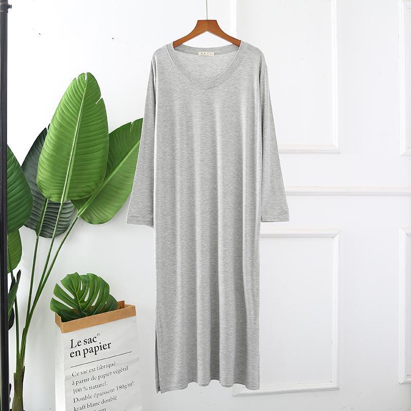 

Женская ночная рубашка из модала и хлопка с длинными рукавами и V-образным вырезом, свободного кроя, для весны и лета XL светло-серый