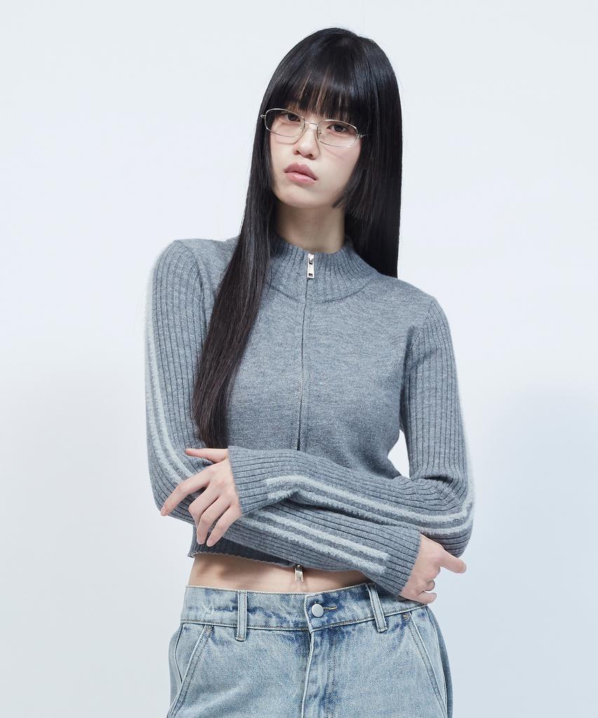 LMR Hairy Lettering Track Crop Knit Zip-Up Grey