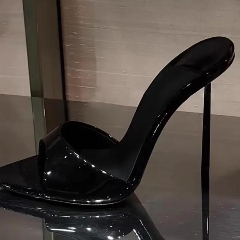 

2025 Літо нові лаковані туфлі-човники на високих підборах з відкритим задником, сексуальні та модні тонкі підбори, сандалі з гострим носком для жінок 39 чорний