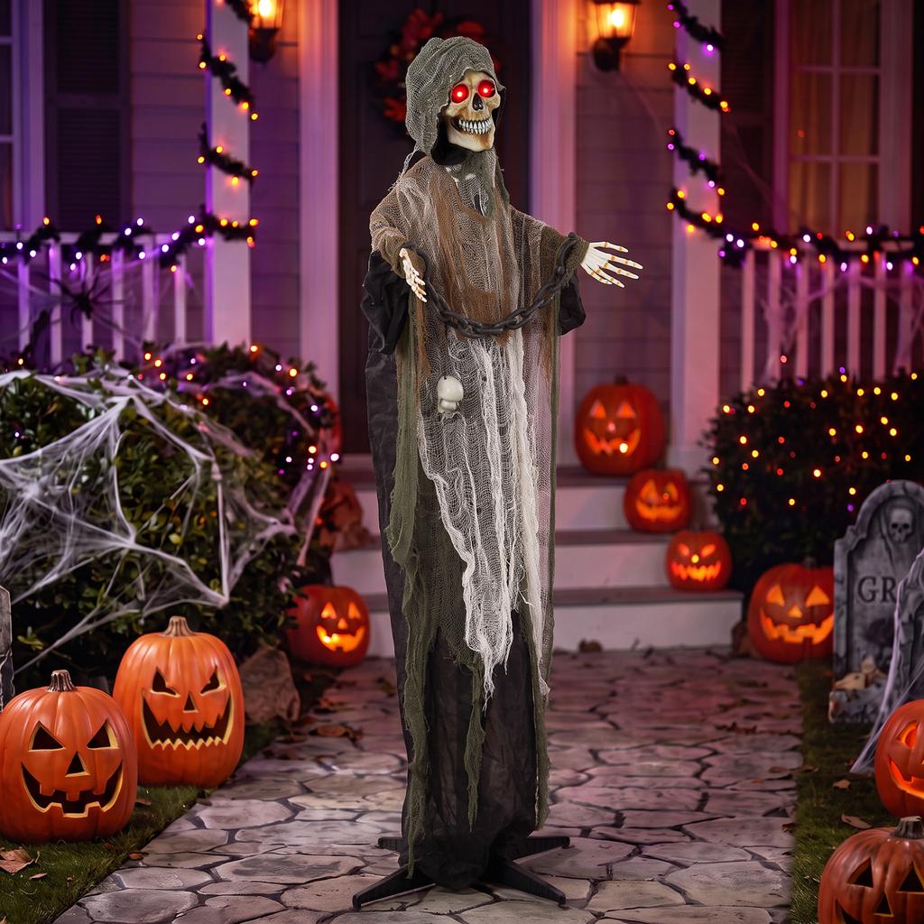 170cm Animated Grim Reaper, Life-Size Halloween Animatronic with Moving Hands/Head, Glowing Eyes, Creepy Sound
