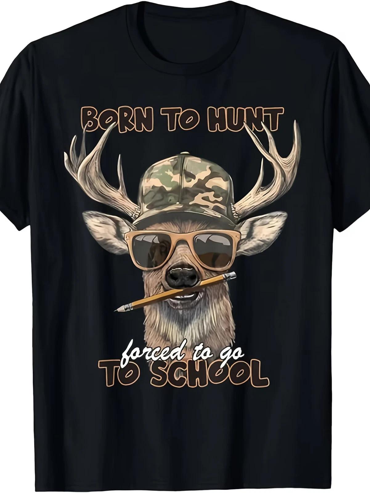 Men S Funny Deer Hunting Graphic T-Shirt -  Born to Hunt Forced to Go to School XL