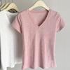 Summer cotton simple solid Women's t shirts korean v-neck Short-sleeve T-shirt casual slim Elastic pink y2k Tops women clothing
