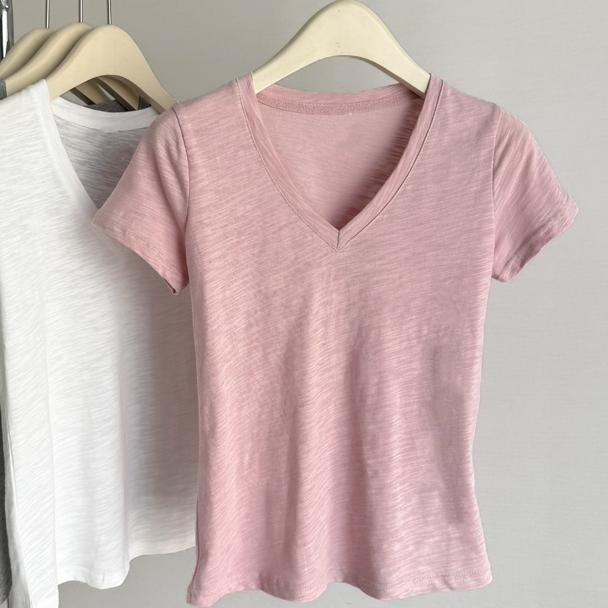 Summer cotton simple solid Women's t shirts korean v-neck Short-sleeve T-shirt casual slim Elastic pink y2k Tops women clothing