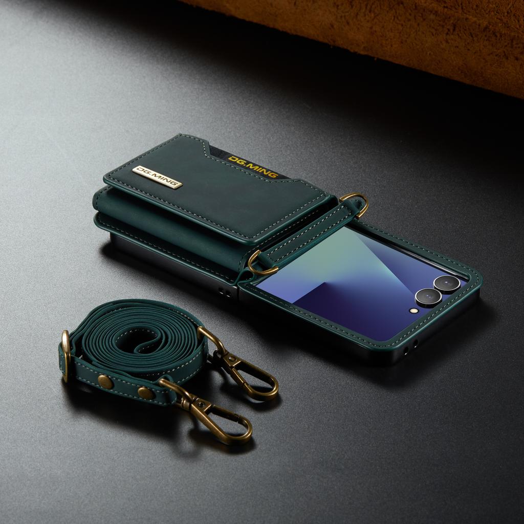 Crossbody Auto Leather Phone Case for Samsung Galaxy Z Flip 7 Flip6 5 4 3 Long Strap Metal Button Card Slot Wallet Stand Cover