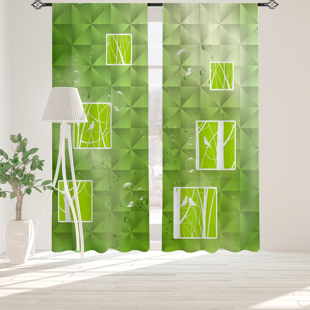 2pcs Green Plaid Sheer Curtains - Multi-functional Polyester Fiber Rod Pocket Design, Suitable for Living Room, Bedroom, and Game Room Decor