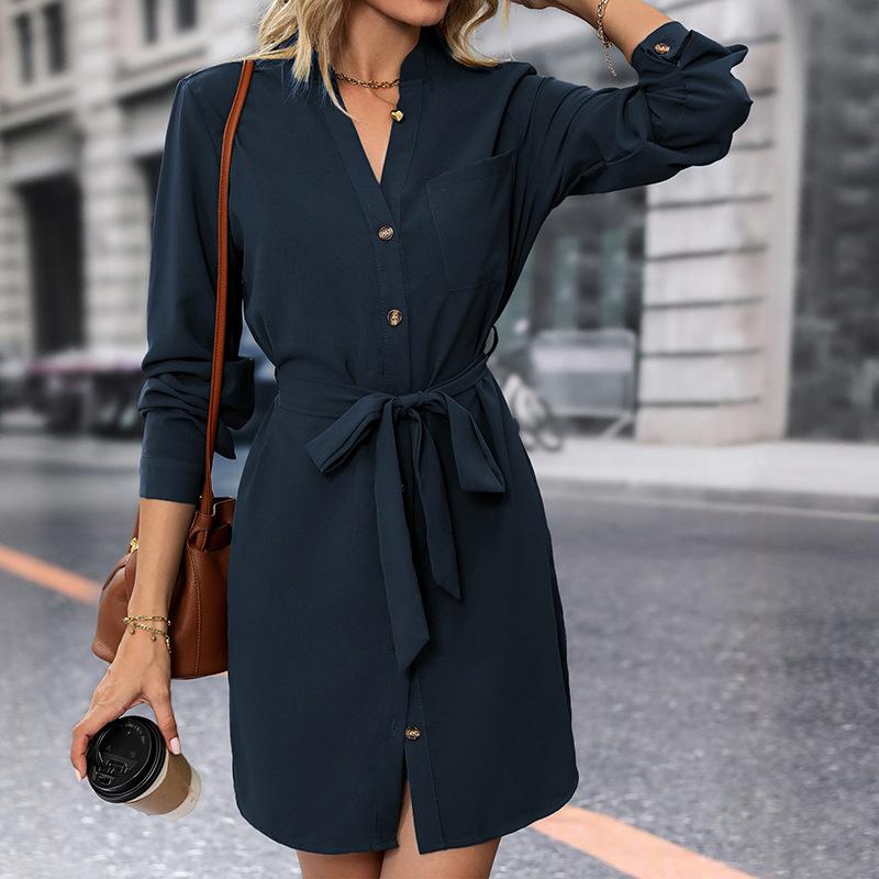Women's long-sleeved V-neck dress, new autumn and winter elegant style commuter shirt, short skirt
