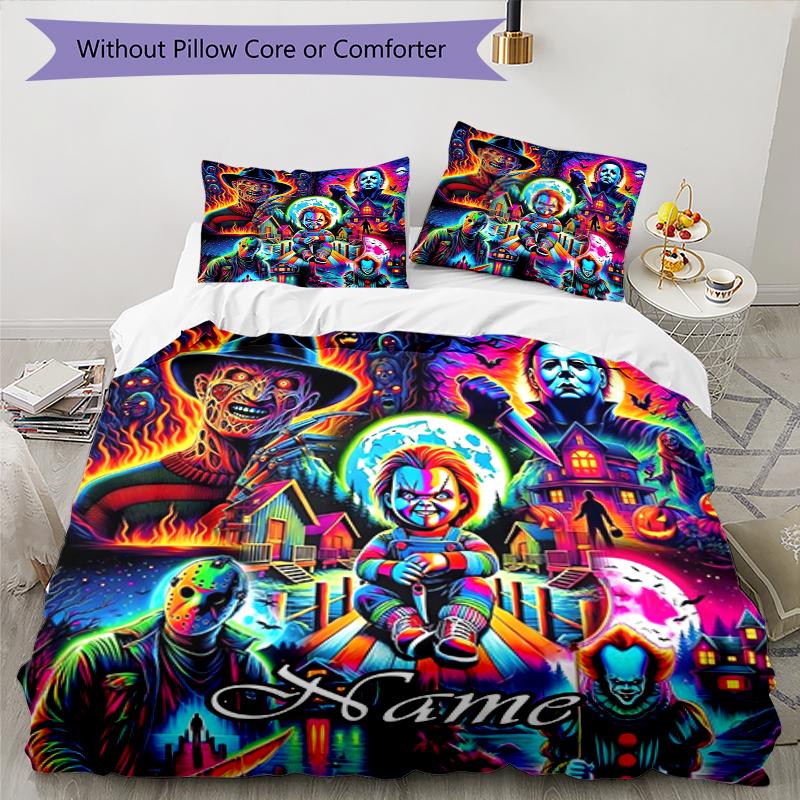 3pcs Custom Name Halloween horror Bedding Set Duvet Cover Closure Includes 1 Duvet Cover & 2 Pillowcases, Soft and Comfortable for All Seasons.