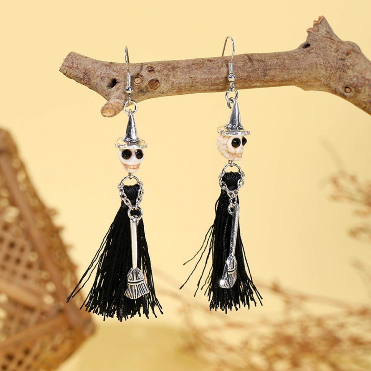 

Halloween Wear Witch Hat Resin Skull Black Fringe Holding Broom Drop Earrings Gothic Skeleton Earring For Women Men Jewelry Gift