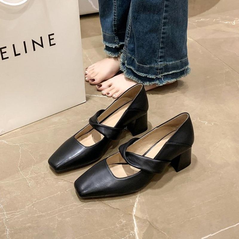 Hot Selling 2025 Women Pumps New Fall Women Shoes Square Toe Chunky Heel Ladies Dress Shoes Heels Retro Shoe for Pump Heels