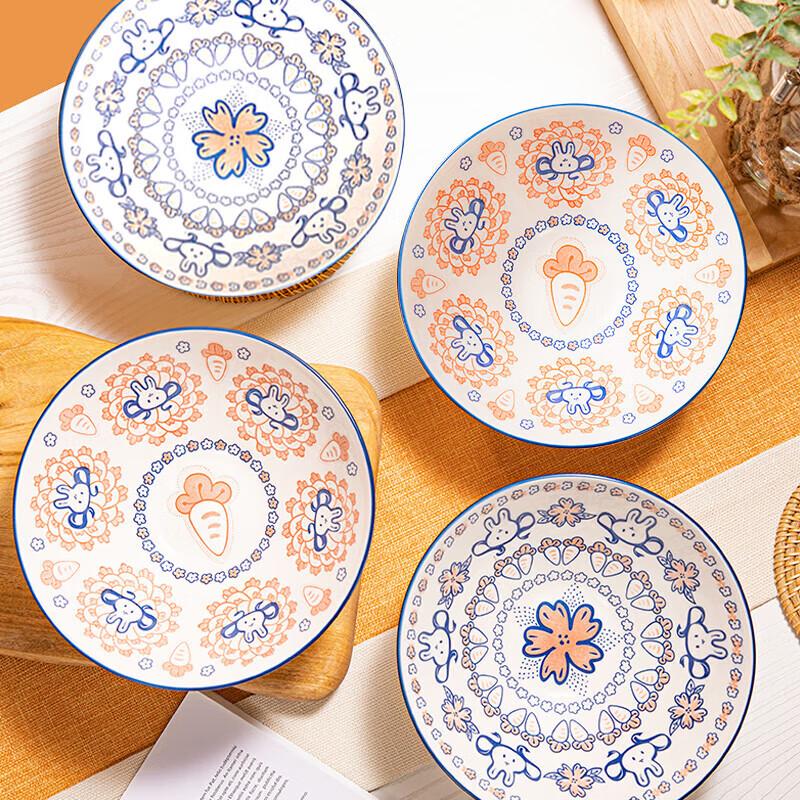 Cute Radish Rabbit 8-inch Ceramic Footed Ramen Bowls - Set of 4