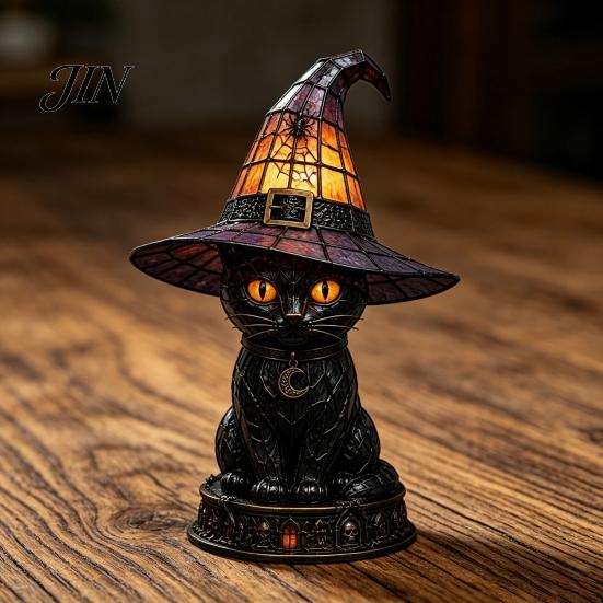 Mantelpiece Night Light Halloween Witch Cat Light, Resin Table Lamp with Warm Cozy Fall Glow, Gothic Home Decor for Bedroom Shelf, Spooky Gift