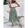 Summer Blue Floral Print Midi Skirt, Casual Fresh Vacation Skirt For Women, European American Style Crossbody Skirt