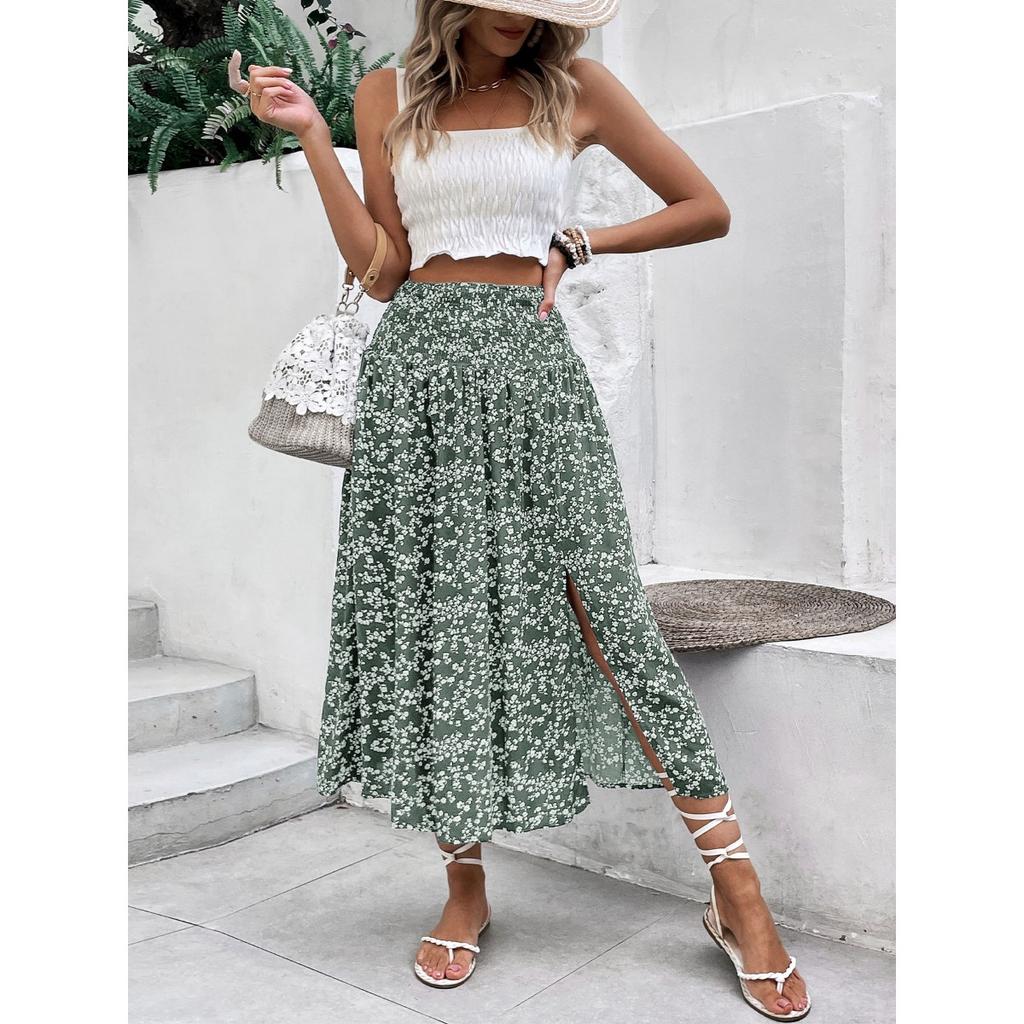 Summer Blue Floral Print Midi Skirt, Casual Fresh Vacation Skirt For Women, European American Style Crossbody Skirt