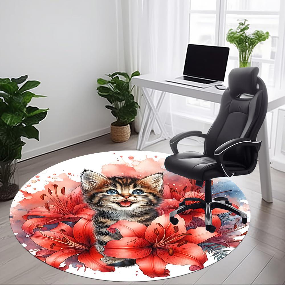 1pc Kitten Flowers Office Round Rug, Carpet for Office, Gaming, Lightweight Round Floor Mat yy260208091